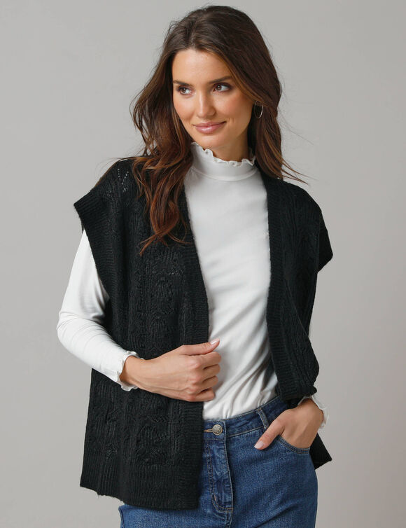 Gilet sans manches, maille fantaisie (noir)
