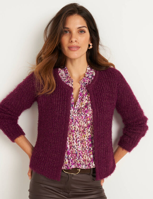 Gilet paletot, maille perlée fantaisie (prune)