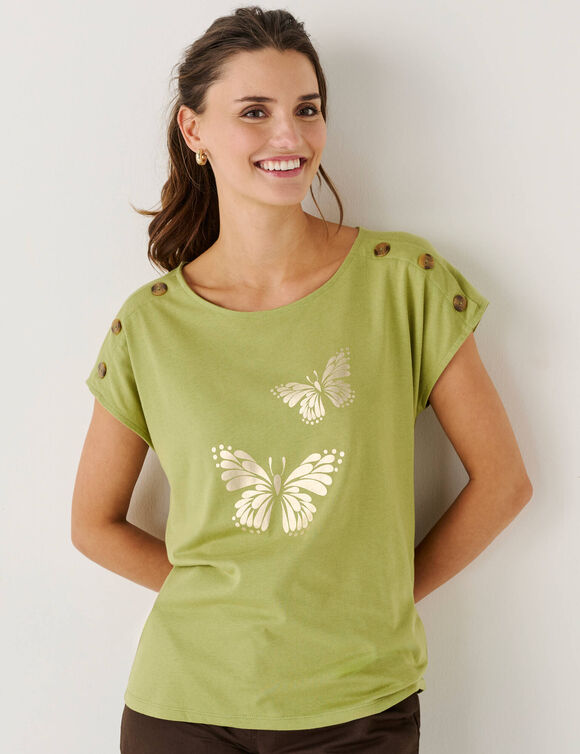 T-shirt col rond imprim&eacute; papillon dor&eacute; (vert)
