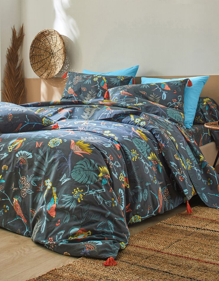 Linge de lit Amelia en coton imprimé oiseaux et finitions pompons, vert canard Linge de lit Amelia en coton imprimé oiseaux et finitions pompons, vert canard, hi-res image number 0