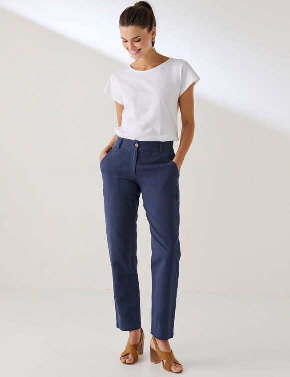 Pantalon coupe mom coton-lin uni (marine)