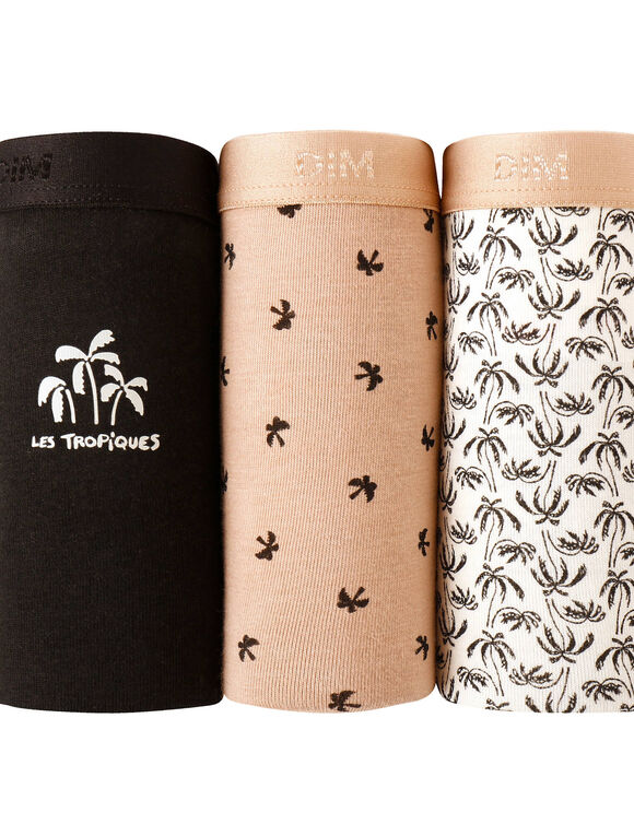 Culotte coton stretch "Les Pockets" imprim&eacute; palmier &ndash; lot de 3 (ivoire / noir)