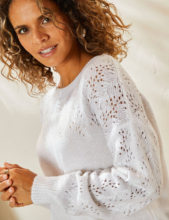 Pull manches blousantes, maille ajourée (blanc)