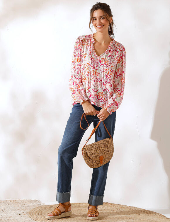 Blouse smock&eacute;e col volant&eacute;, voile imprim&eacute;e (&eacute;cru / rose)