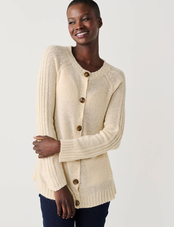 Gilet boutonn&eacute; manches longues, laine et mohair m&eacute;lang&eacute;s (beige)