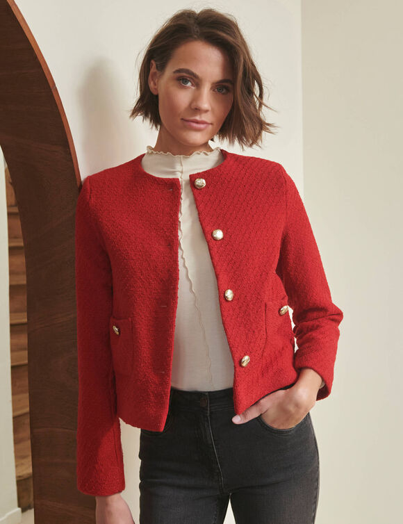 Veste boutonn&eacute;e, tweed (rouge)