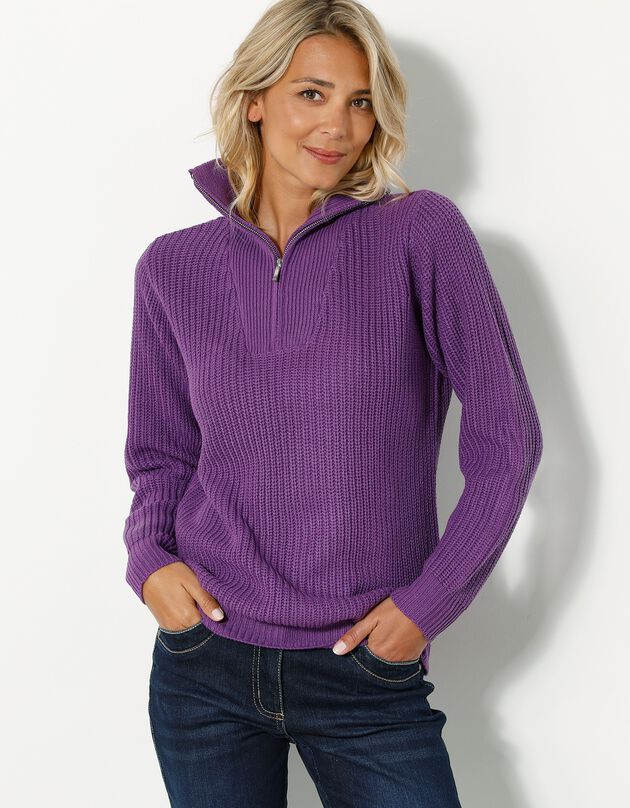 Pull col camionneur zippé maille anglasie (violet)