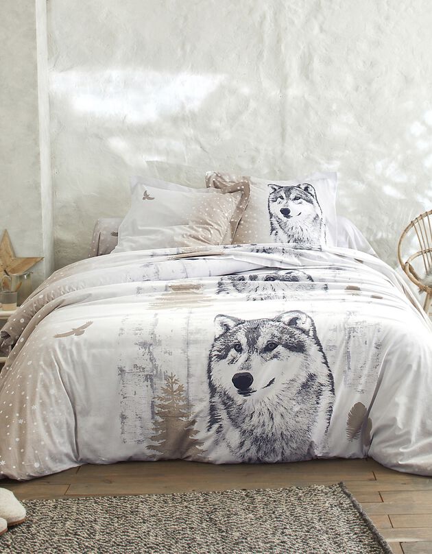 Bedlinnen Artic in katoen met hond-wolf print, taupe, hi-res