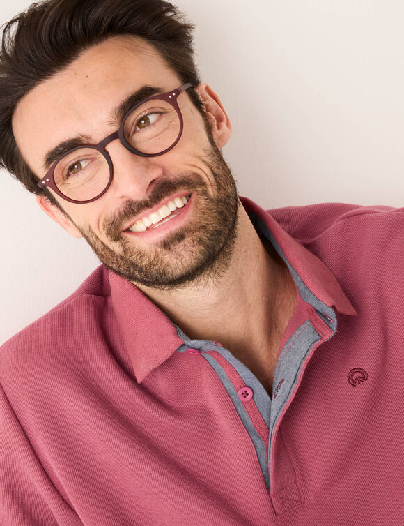 Warm sweatshirt met polo-kraag, geborduurd borduurpatroon op de borst en geribd tricot (DONKERROZE)