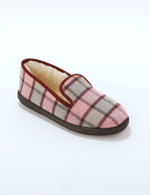 Hoge pantoffels met wolvoering, geruit motief (roze)