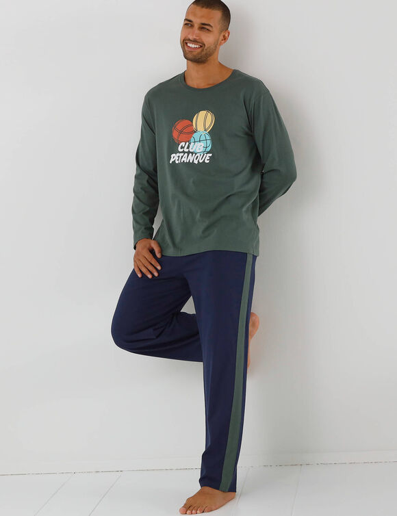 Pyjama met letterprint en petanquemotief, lange mouwen (groen / marine)