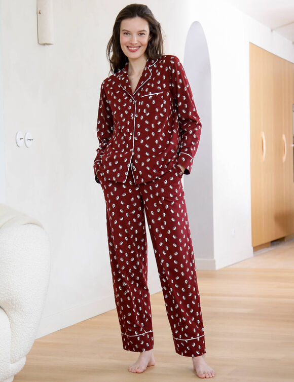 Pyjama col tailleur manches longues, imprim&eacute; petites fleurs (bordeaux)
