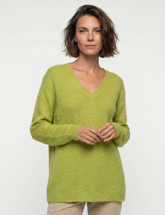 Pull tunique col V, maille douceur (vert)