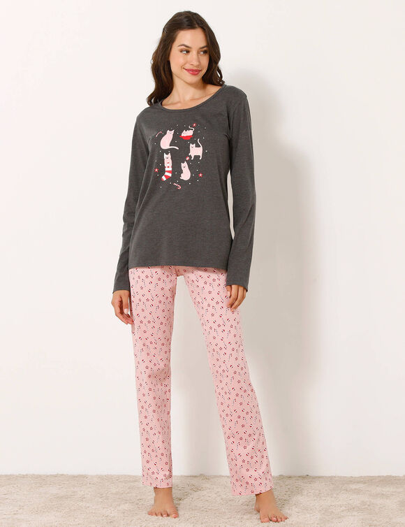 Pyjama met 'kat' print (chiné grijs / roze)