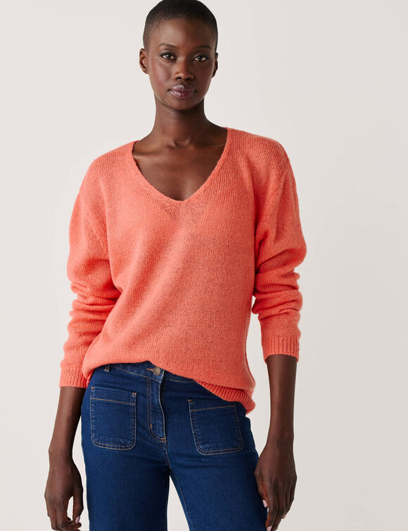 Pull col V manches longues, laine et mohair m&eacute;lang&eacute;s (corail)