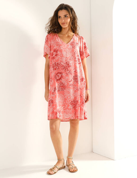 Robe col V manches courtes, voile jacquard imprim&eacute; (koraal)