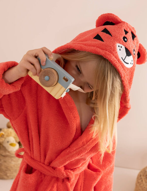 Gepersonaliseerde badjas met capuchon voor kinderen met tijgerprint - badstof 340 g/m&sup2; (koraal)