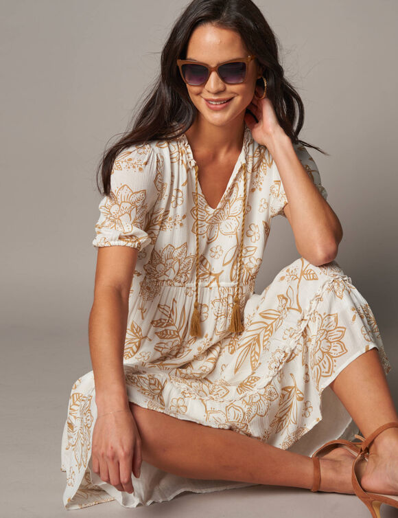 Robe longue volant&eacute;e imprim&eacute;e (blanc / caramel)