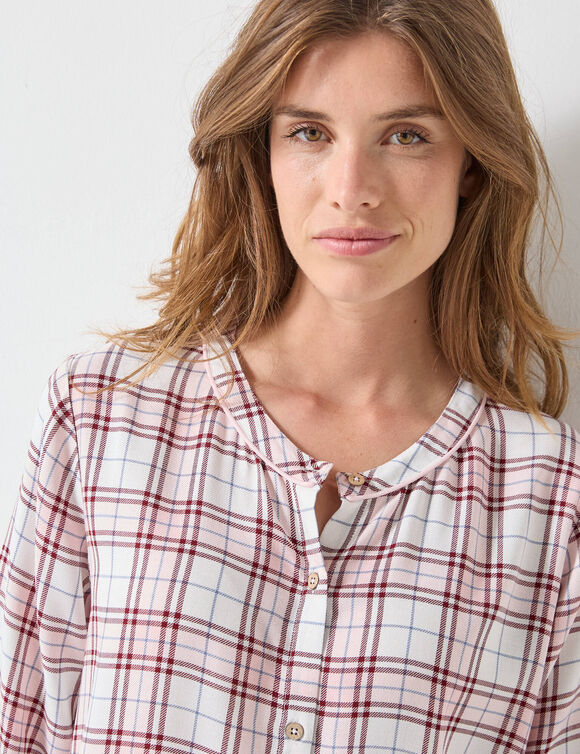 Chemise de nuit forme liquette boutonnée devant motifs carreaux  (écru / rose)