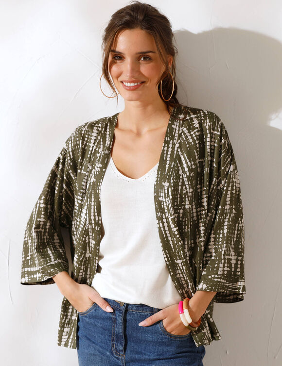 Veste kimono fluide, imprimé tie dye (kaki / écru)