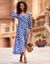 Robe longue boutonnée imprimée crépon (bleu / caramel)