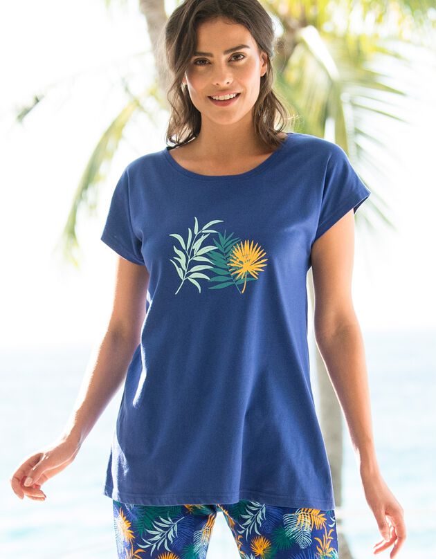 Pyjama-T-shirt in katoen met korte mouwen - effen tropical (blauw)
