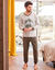 Pyjama pantalon jersey, col V contrasté (kaki / gris chiné)