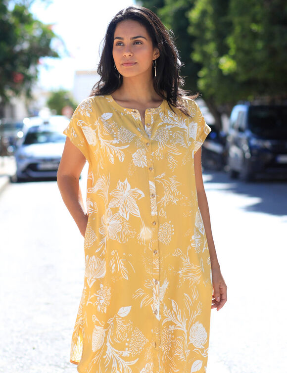 Robe courte boutonnée imprimé végétal, fluide (curry / écru)