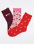 Mi-chaussettes fantaisie &agrave; motifs coeurs - lot de 3 (rouge / rose)