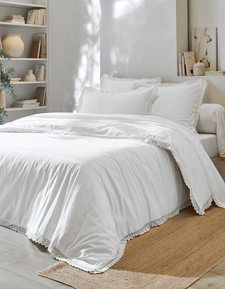 Linge de lit uni dentelle coton (blanc)
