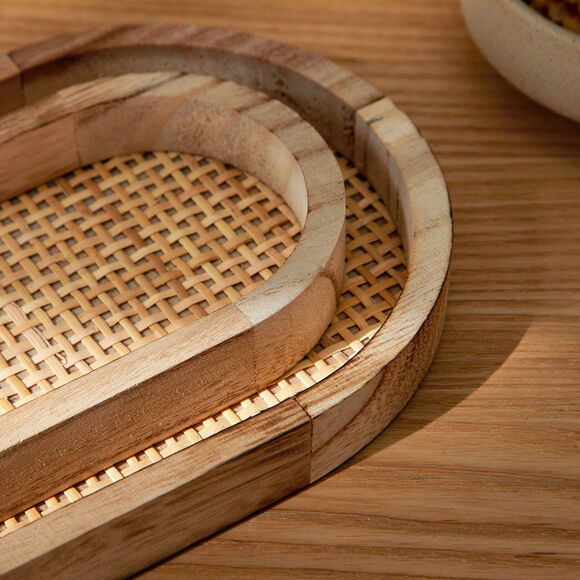 Plateau Oblong bois et rotin, lot de 2 (naturel)