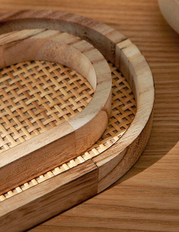 Plateau Oblong bois et rotin, lot de 2 (naturel)