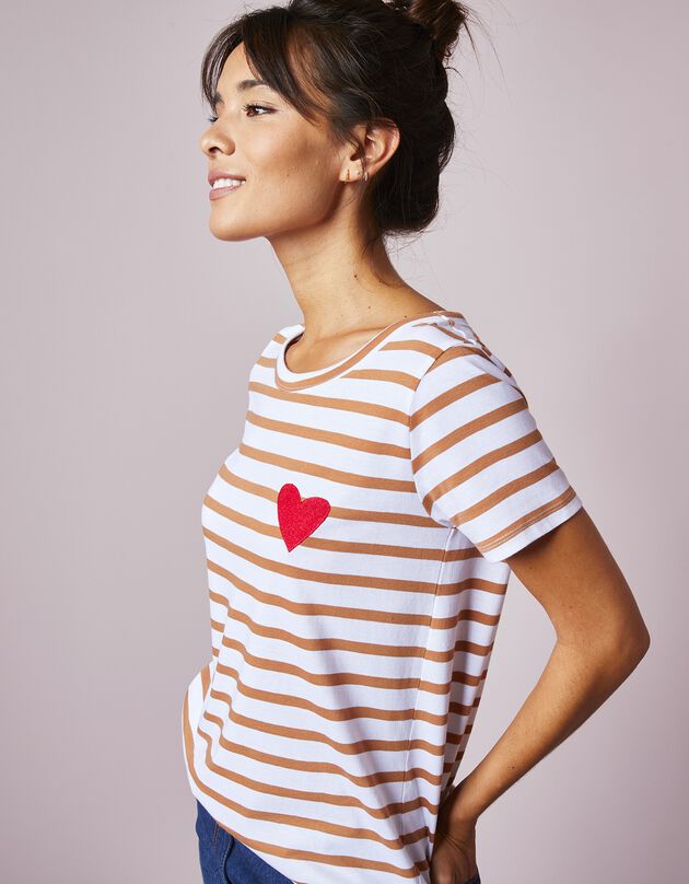 Gestreept T-shirt met 'hart' borduursel, ingeweven strepen (ecru / karamel)