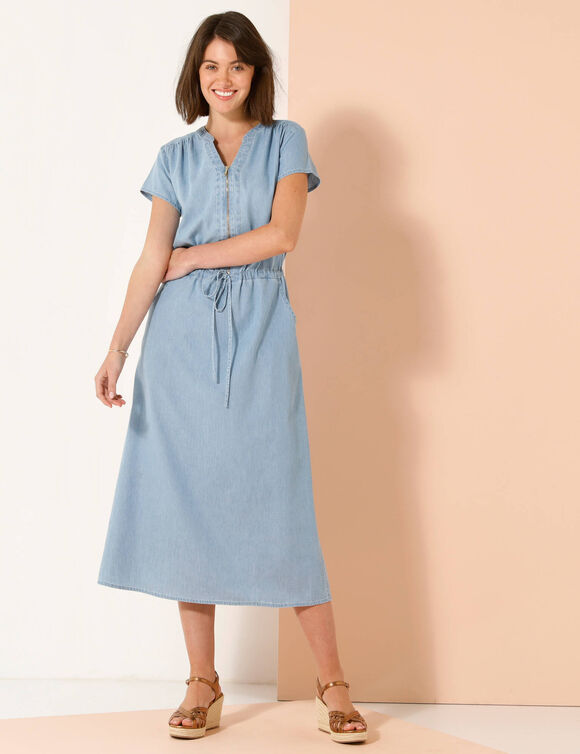 Robe longue col zippé, denim léger (bleached)