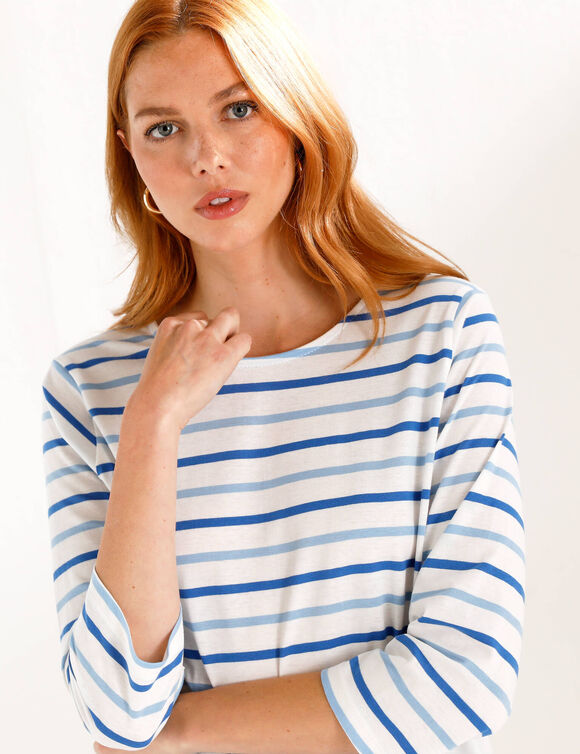 T-shirt ray&eacute; manches 3/4, maille jersey (&eacute;cru / bleu)