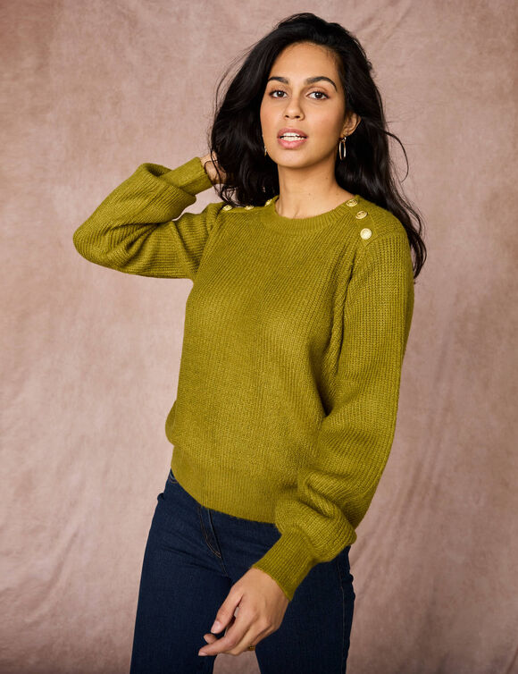 Pull à boutons dorés, maille anglaise (vert mousse)
