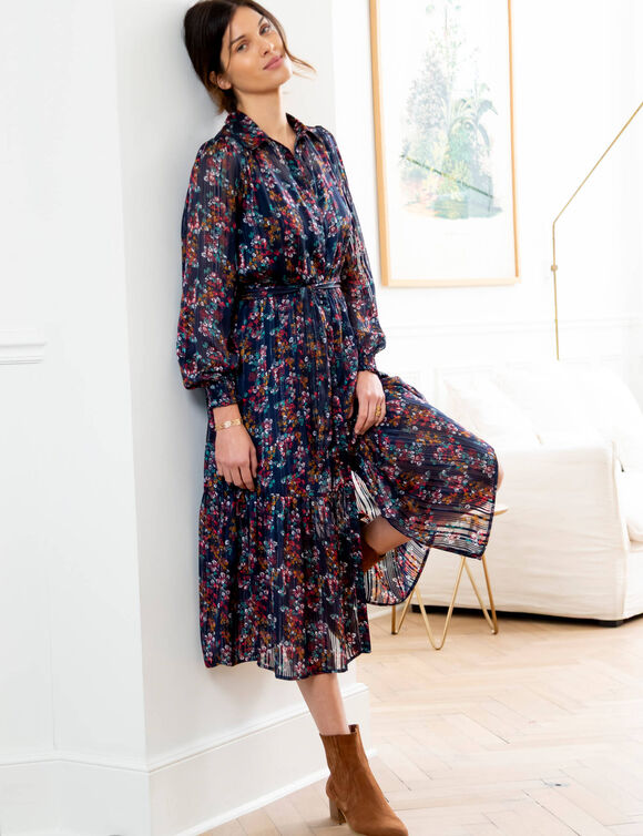 Robe-chemisier longue en voile jacquard imprim&eacute; floral (marine / caramel)