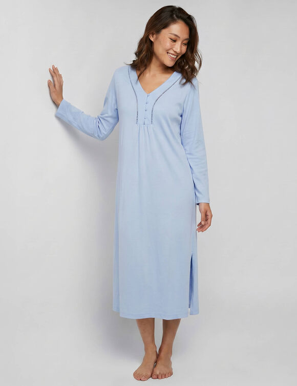 Effen, lang nachthemd met knoopkraag en lange mouwen (gletsjerblauw)