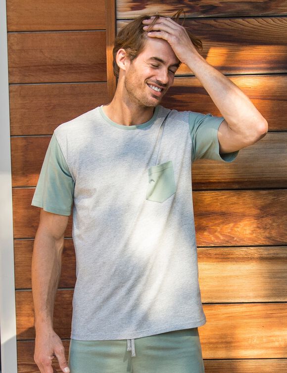 Tweekleurig pyjamashirt met korte mouwen (grijs / groen)