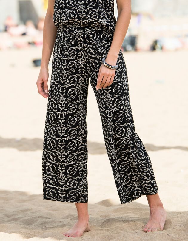 Ruime, bedrukte 7/8-broek in soepel tricot met elastische taille (zwart / ecru)