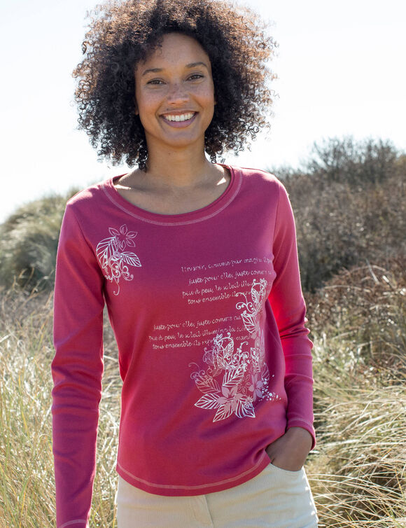 T shirt manches longues imprim&eacute; fleuri (cerise)