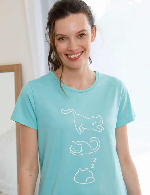 Kort nachthemd met korte mouwen, met kattenprint &ndash; set van 2 (laguneblauw + smaragd)