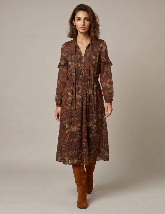 Lange jurk met V-hals, voile met bloemenprint (chocolade)