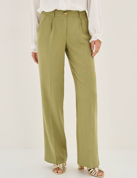 Pantalon large fluide, lin m&eacute;lang&eacute; (vert)