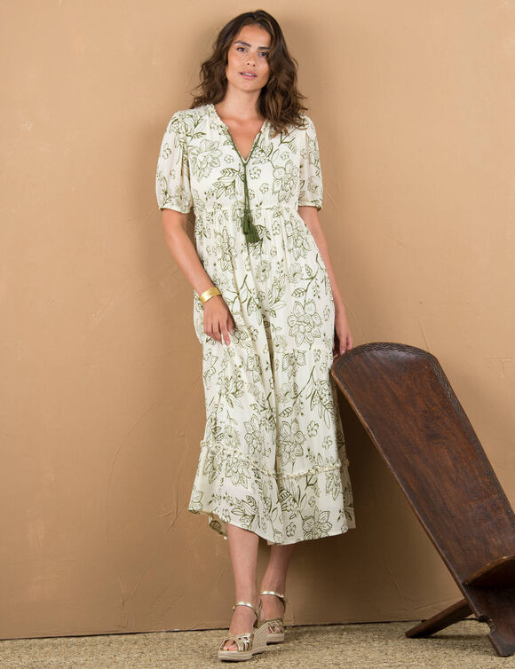 Robe longue volantée imprimée (écru / kaki)