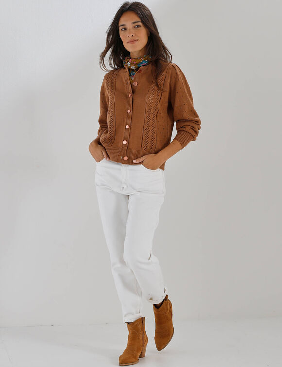 Cardigan boutonn&eacute;, maille ajour&eacute;e (caramel)