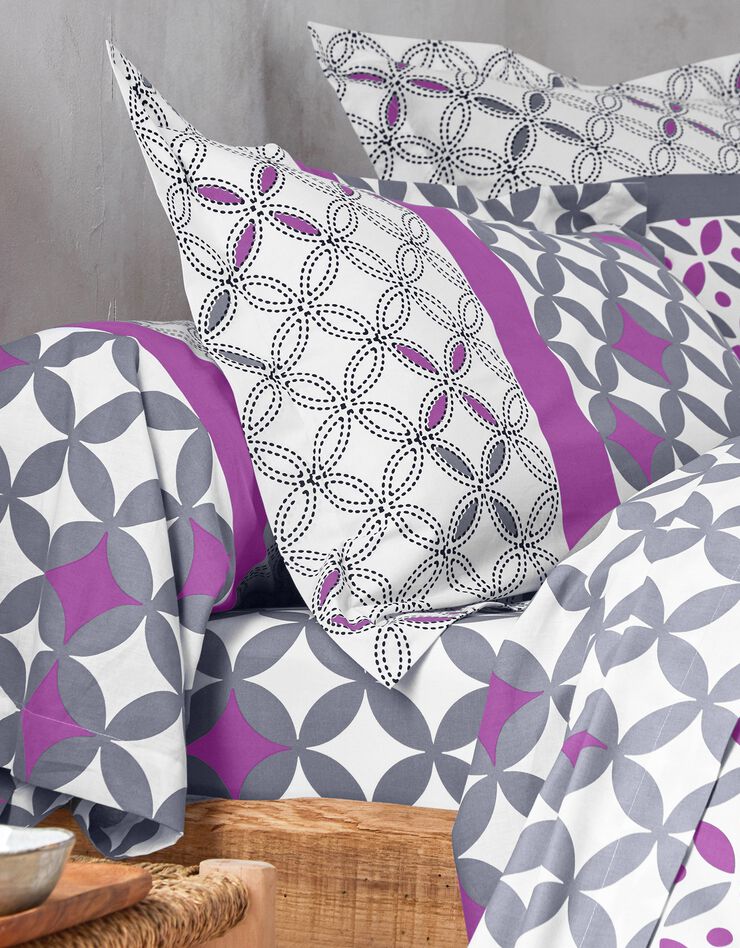 Linge de lit Marlow en coton motifs géométriques (gris / violet)