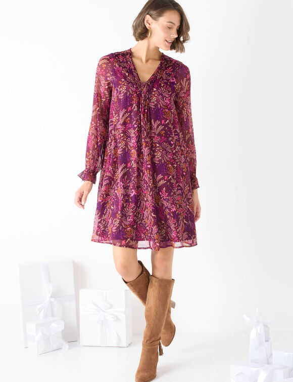Robe imprimée à plis, imprimé forêt (prune / rose)