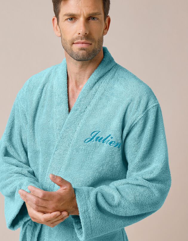 Peignoir mixte adulte uni coton éponge bouclette col kimono personnalisé (vert d'eau)