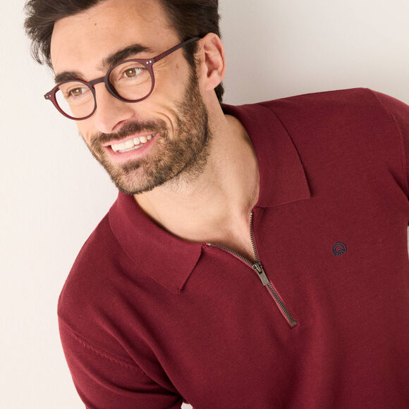 Pull fin col polo zipp&eacute; broderie poitrine (bordeaux)